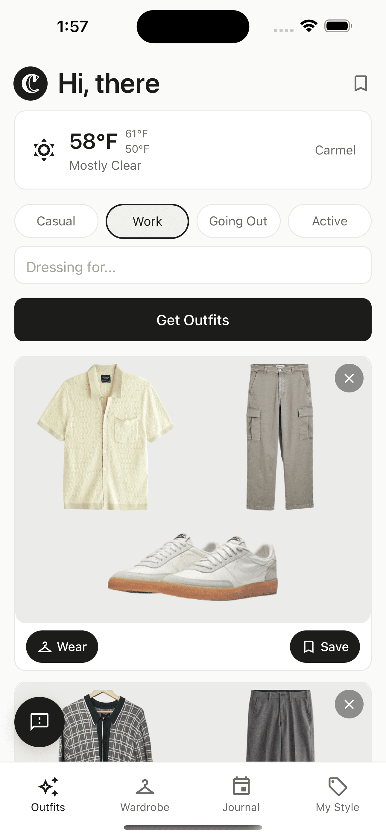 Closetize outfits view — a suggested combination of a cream camp shirt, stone cargo trousers, and white sneakers with weather for Carmel at 58°F.